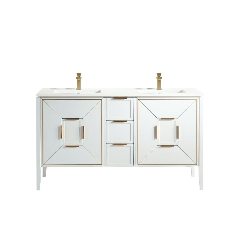 Vetro 60'' Gloss White Vanity W/ Quartz Counter Top (Back Splash Free). Picture 1