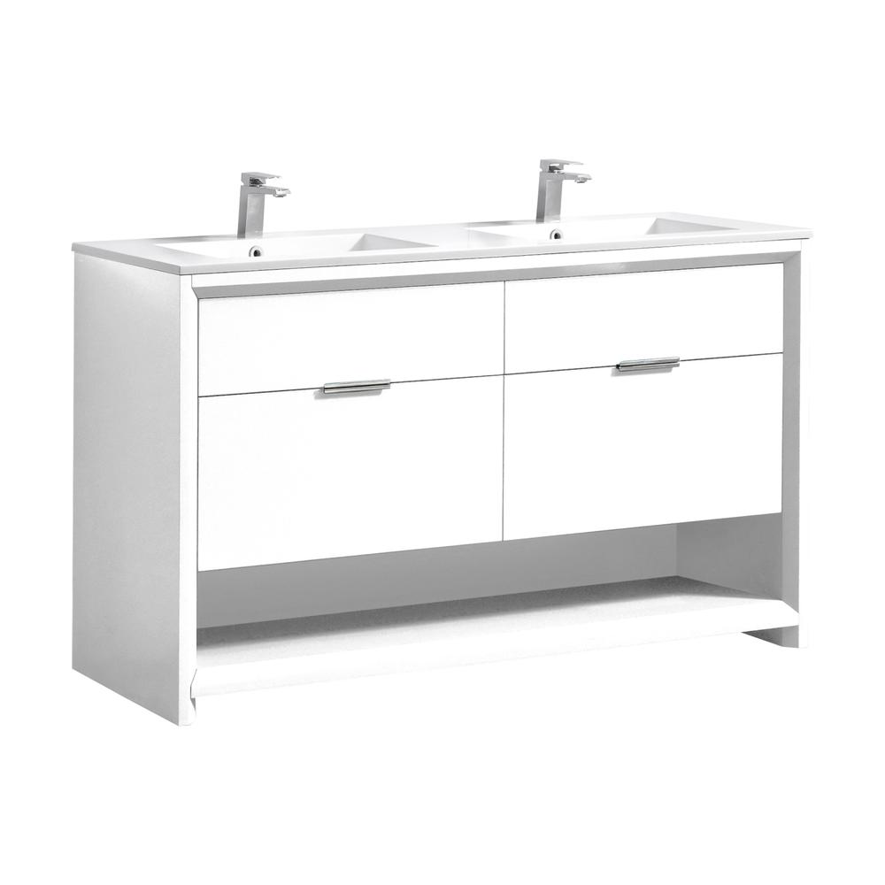 NUDO 60″ Double Sink Modern bathroom Vanity in Gloss White Finish. Picture 1