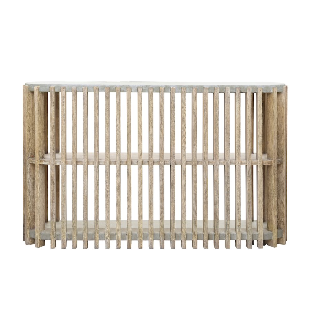 Wood Slat Display Console with Concrete Top. Picture 2