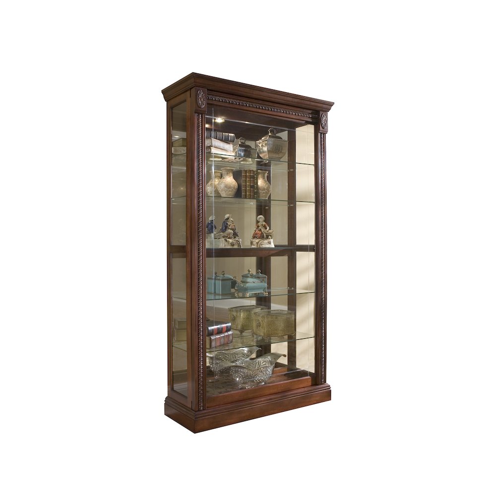 Lighted Sliding Door 5 Shelf Curio Cabinet in Cherry Brown. Picture 2
