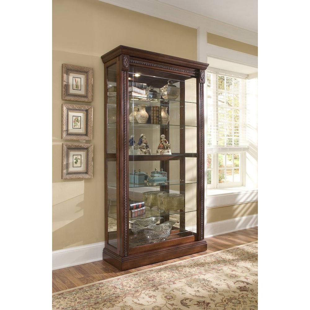 Lighted Sliding Door 5 Shelf Curio Cabinet in Cherry Brown. Picture 9