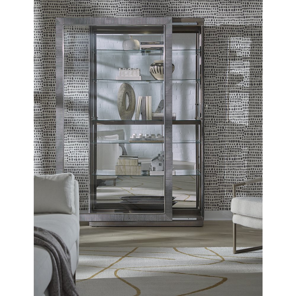 Modern Sliding Door Curio Cabinet, Medium Wood Finish. Picture 10