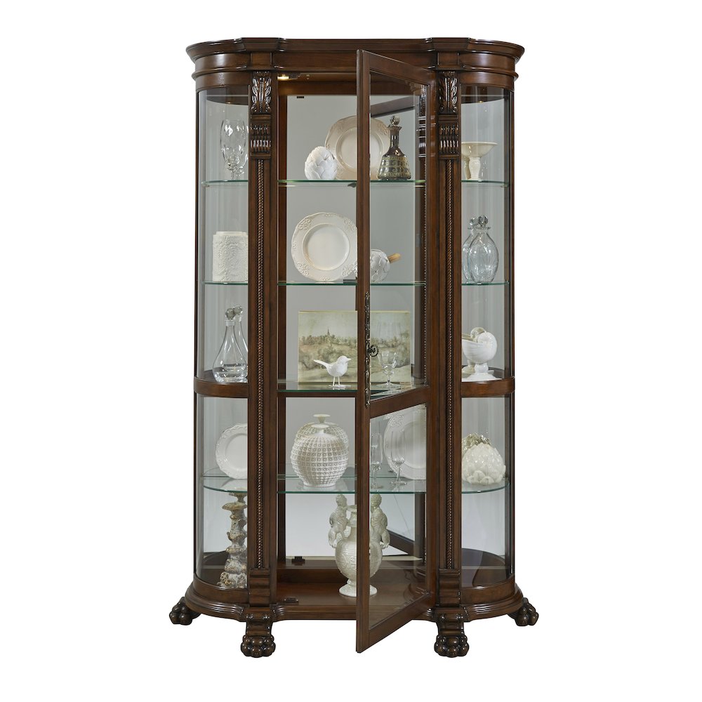 Lighted Curved Front 4 Shelf Curio Cabinet in Maple Brown. Picture 3