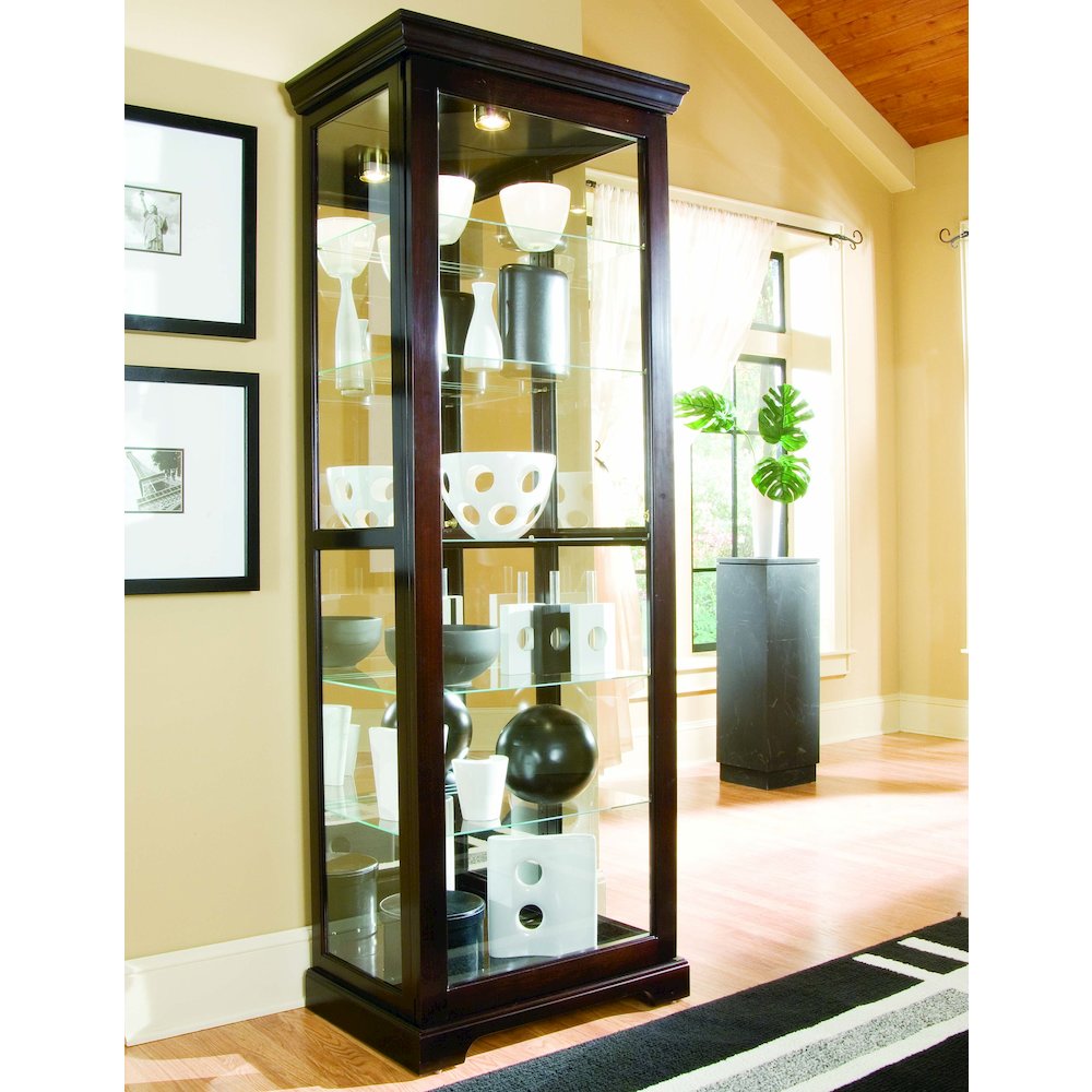Tall 5 Shelf Curio Cabinet-Sliding Door in Cherry Brown. Picture 7