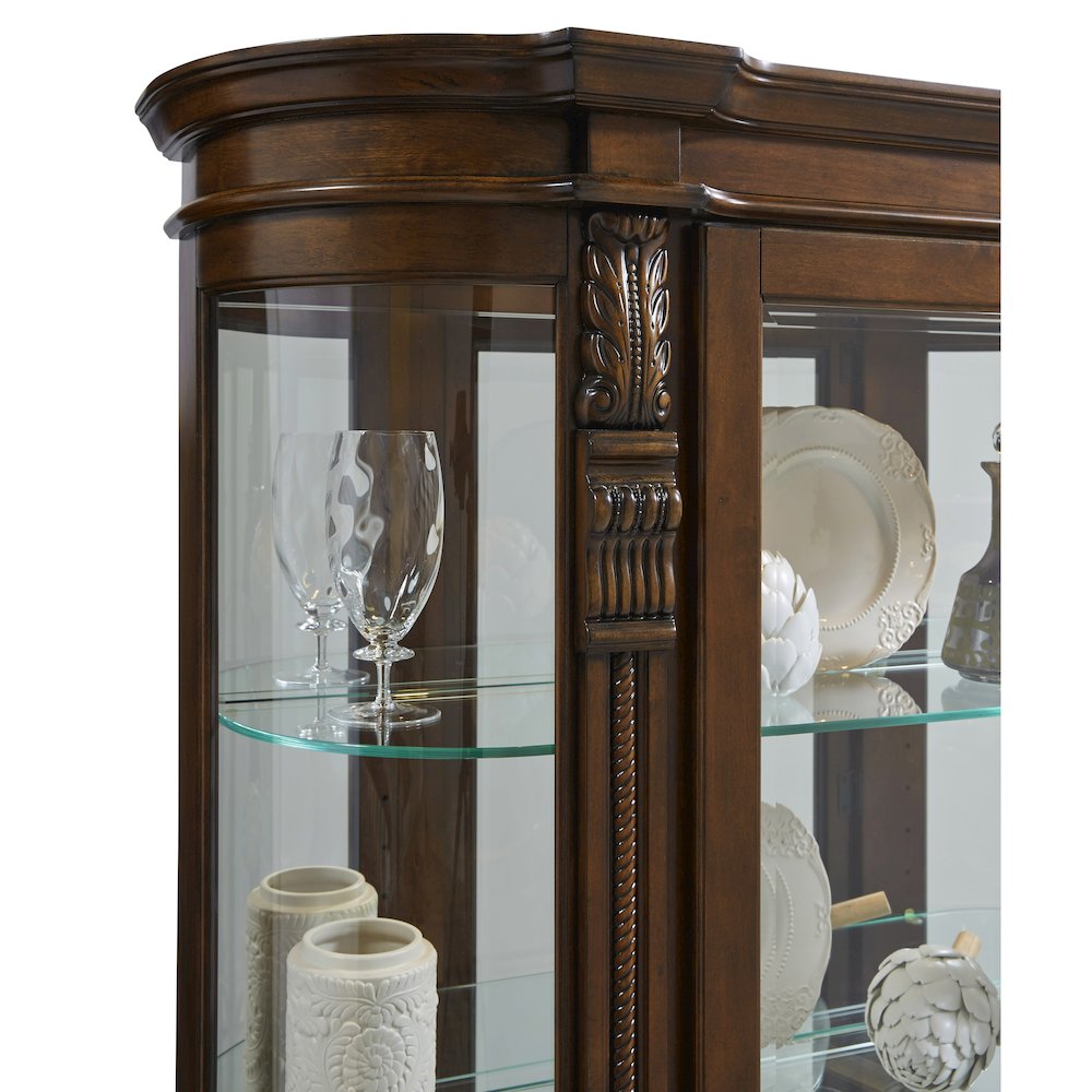 Lighted Curved Front 4 Shelf Curio Cabinet in Maple Brown. Picture 5