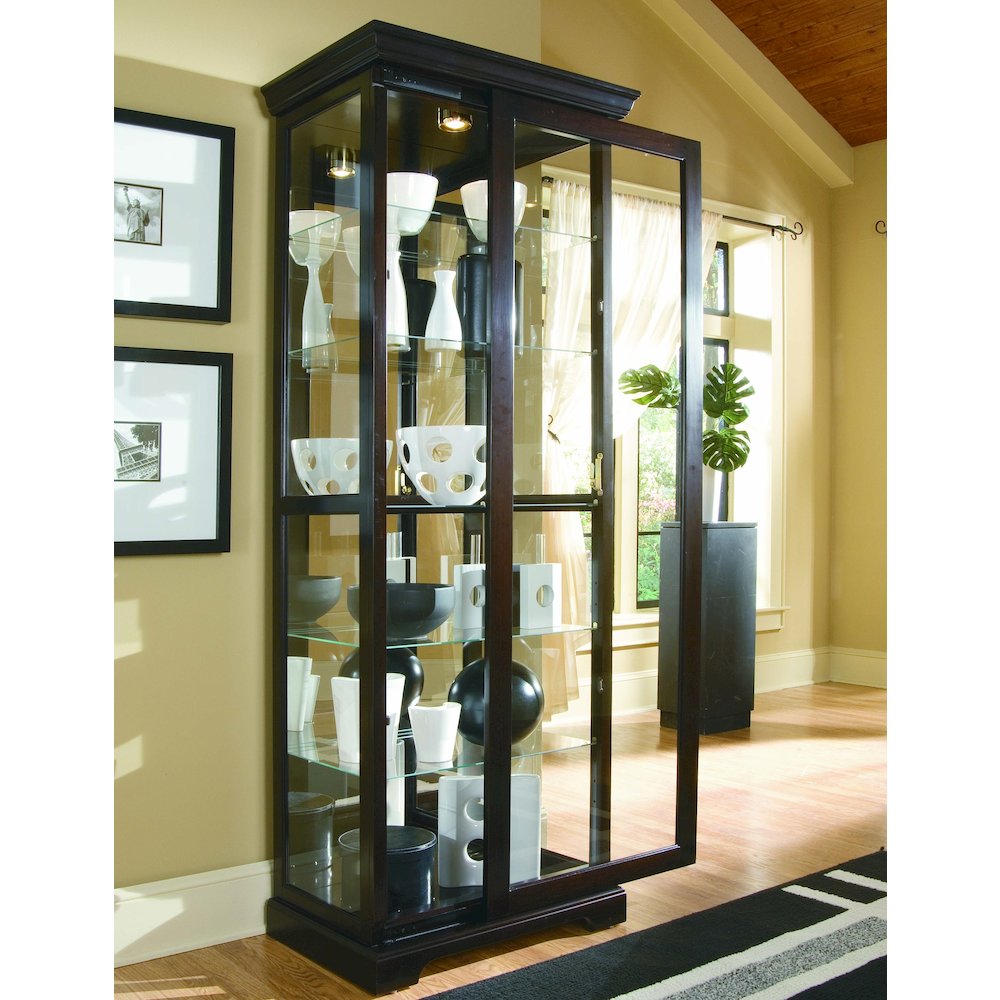 Tall 5 Shelf Curio Cabinet-Sliding Door in Cherry Brown. Picture 6