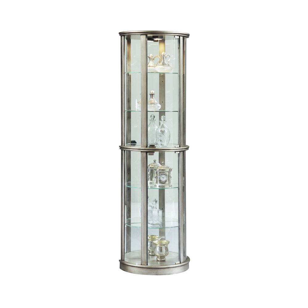 Lighted Half Round 5 Shelf Curio Cabinet in Aged Silver. Picture 1