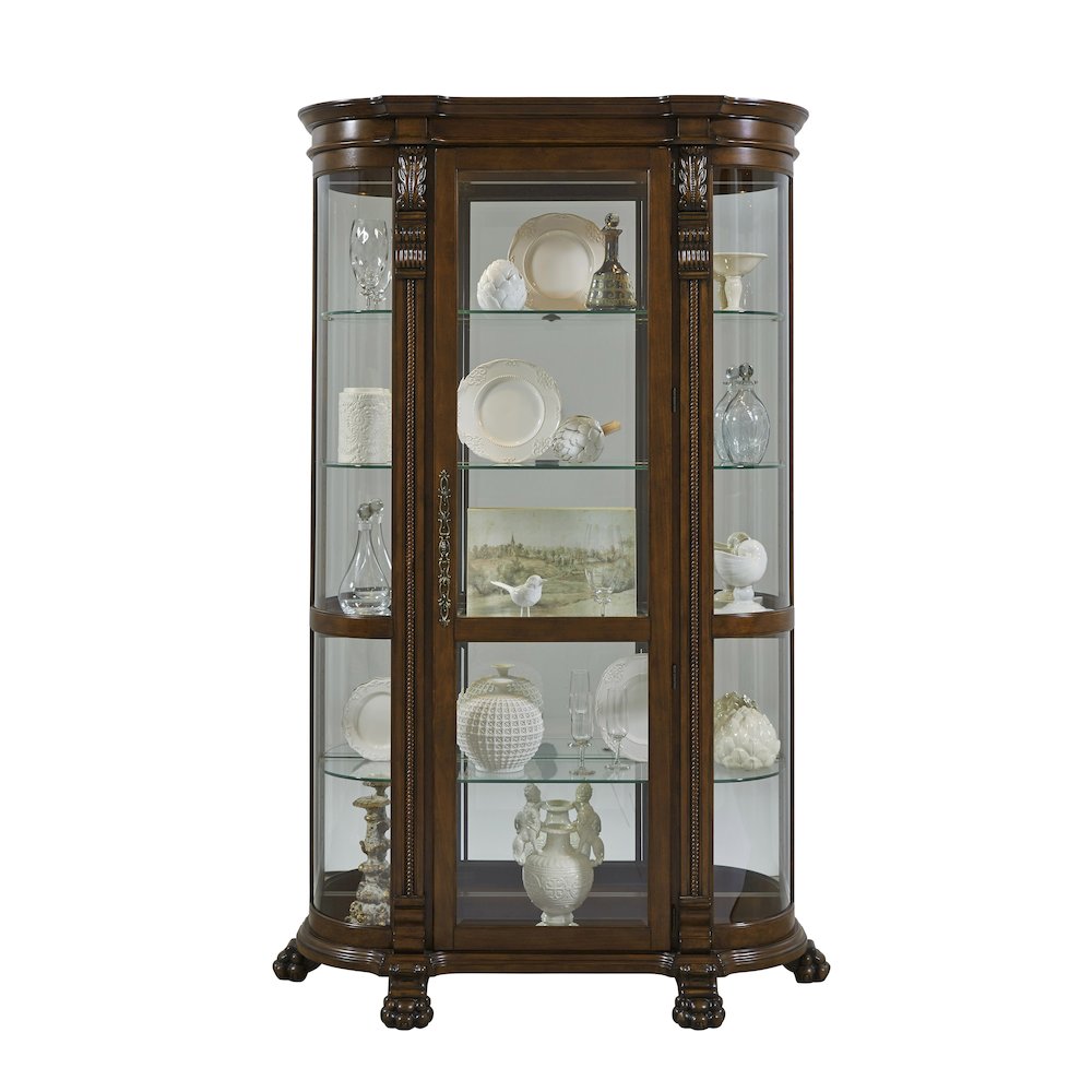 Lighted Curved Front 4 Shelf Curio Cabinet in Maple Brown. Picture 1