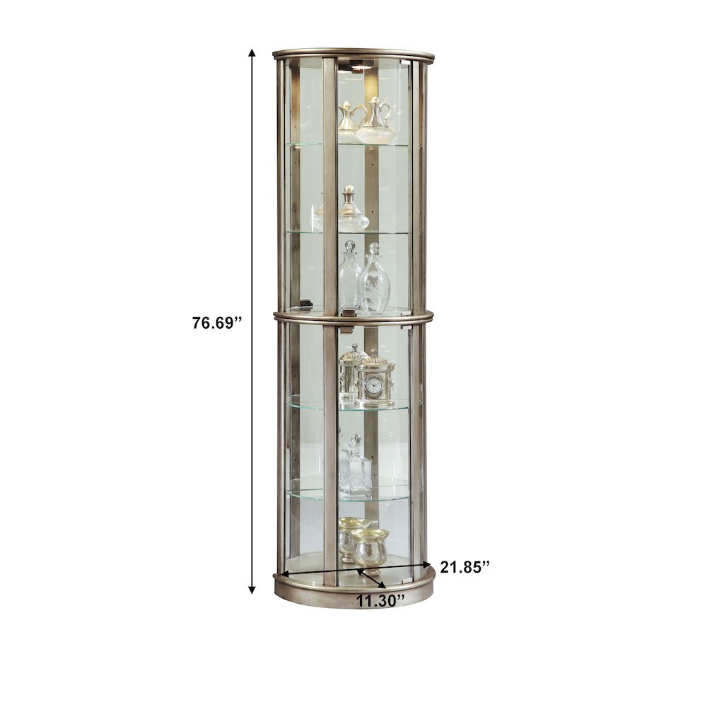Lighted Half Round 5 Shelf Curio Cabinet in Aged Silver. Picture 4