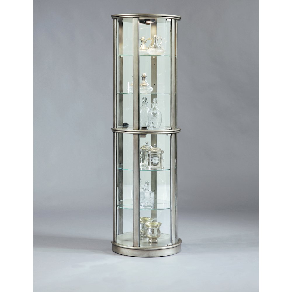 Lighted Half Round 5 Shelf Curio Cabinet in Aged Silver. Picture 3