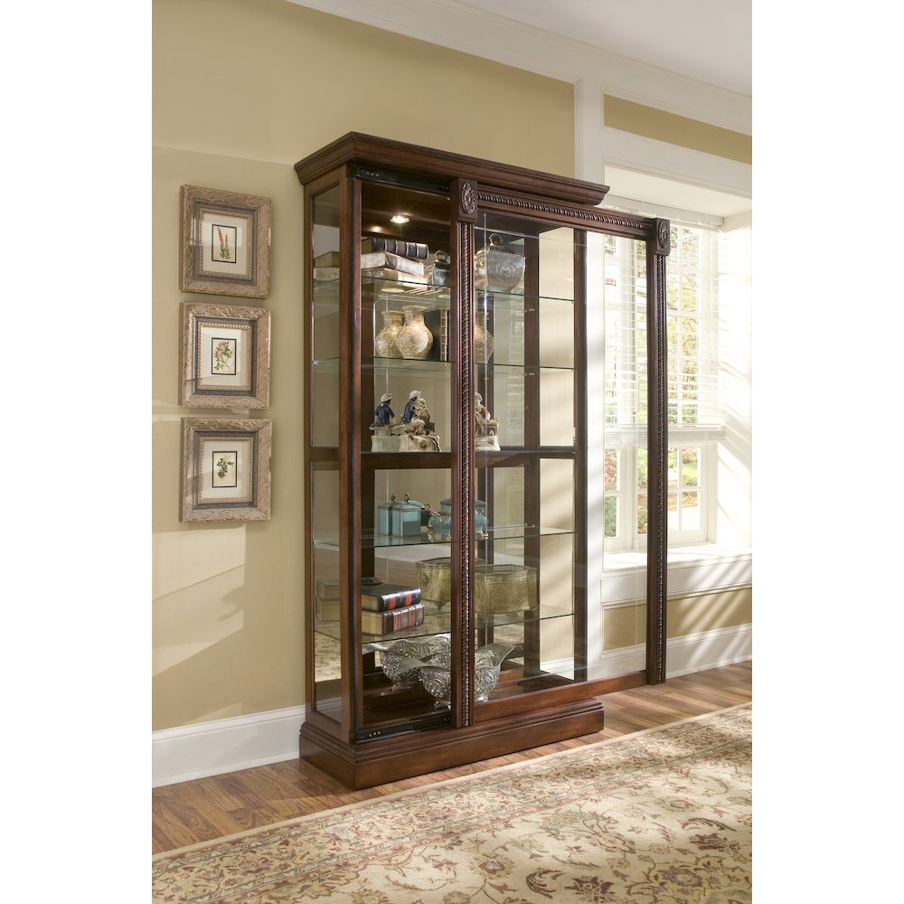 Lighted Sliding Door 5 Shelf Curio Cabinet in Cherry Brown. Picture 8