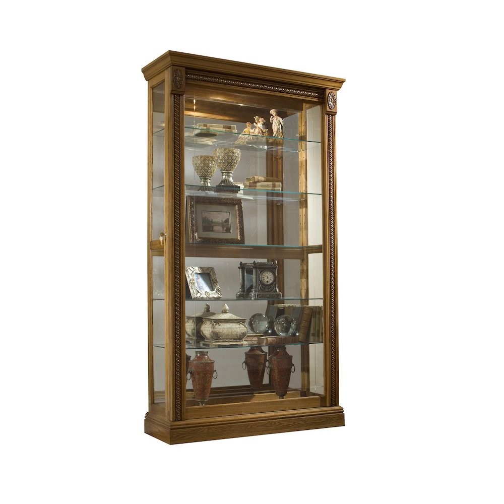 Lighted Sliding Door 5 Shelf Curio Cabinet in Maple Brown. Picture 1