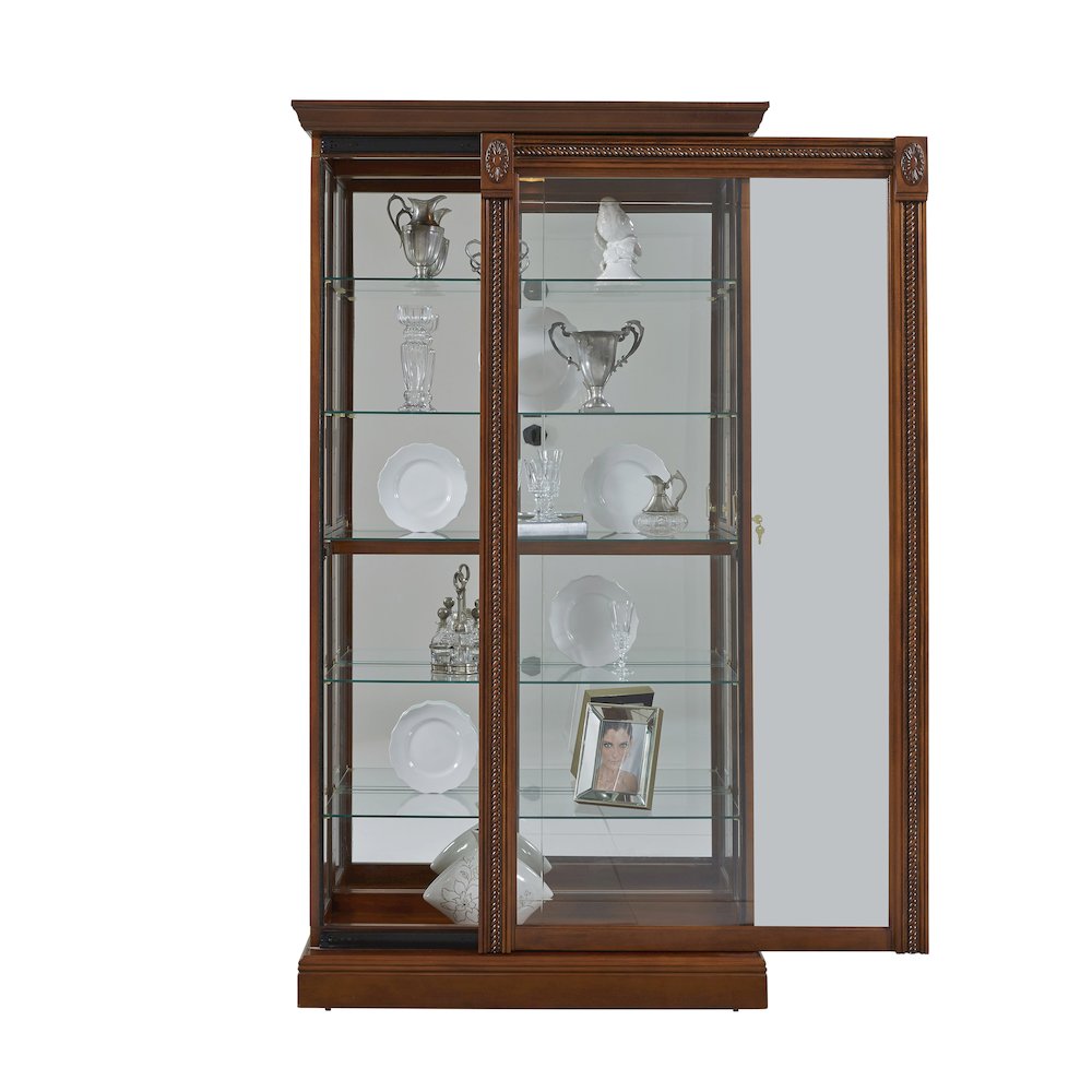 Lighted Sliding Door 5 Shelf Curio Cabinet in Cherry Brown. Picture 4