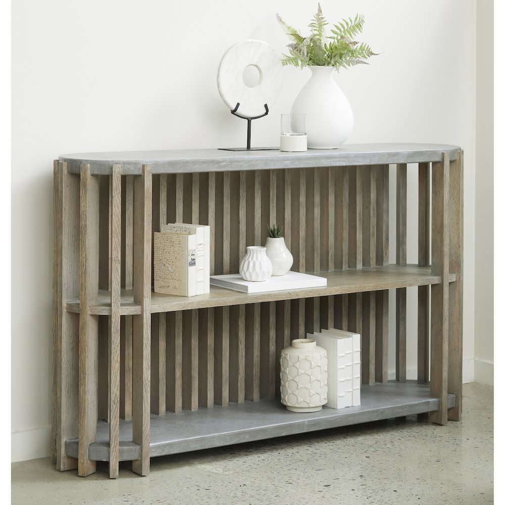Wood Slat Display Console with Concrete Top. Picture 8