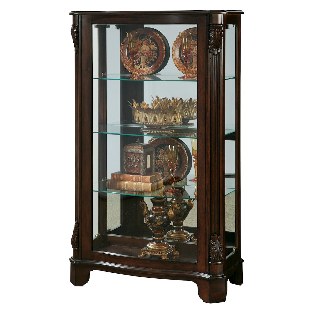 Distinguished Carved 3 Shelf Curio Cabinet in Cherry Brown. Picture 2