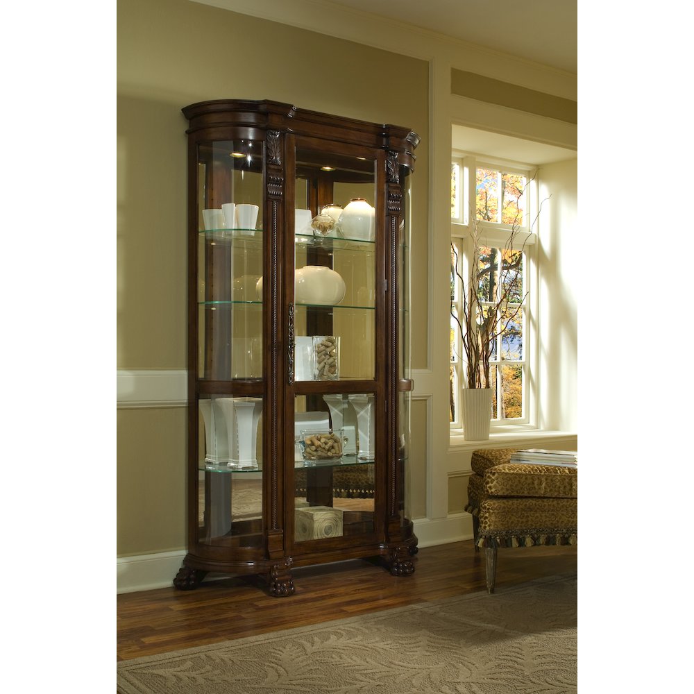 Lighted Curved Front 4 Shelf Curio Cabinet in Maple Brown. Picture 8