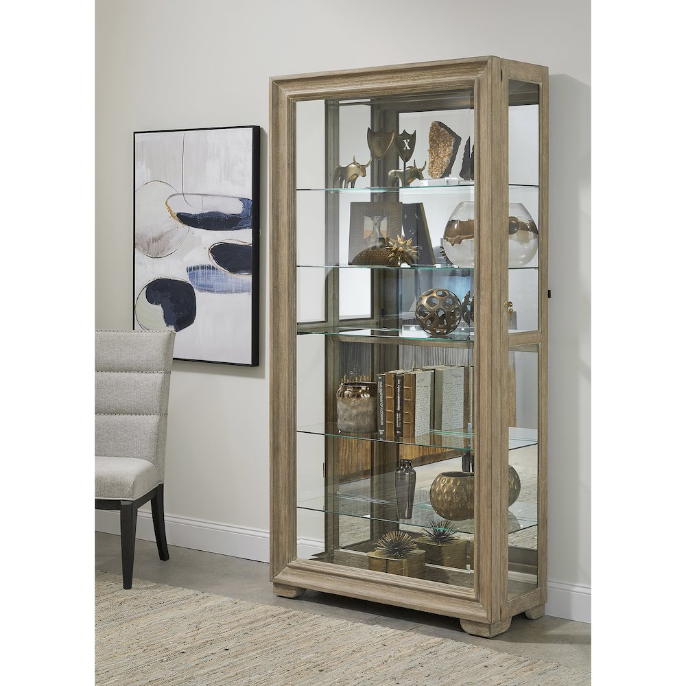 Light Wood Modern 5-Shelf Sliding Door Curio with LED Light. Picture 7