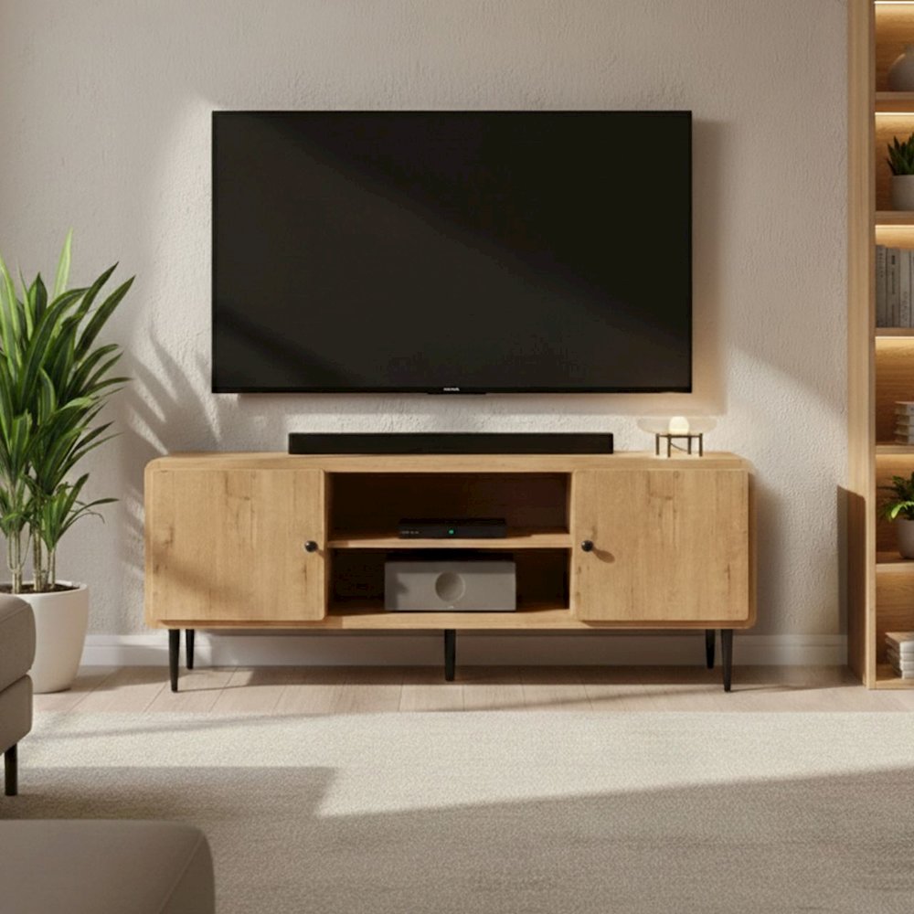 Techni Mobili Mid-Century Modern TV Stand for TV’s Up to 60”, Oak. Picture 2