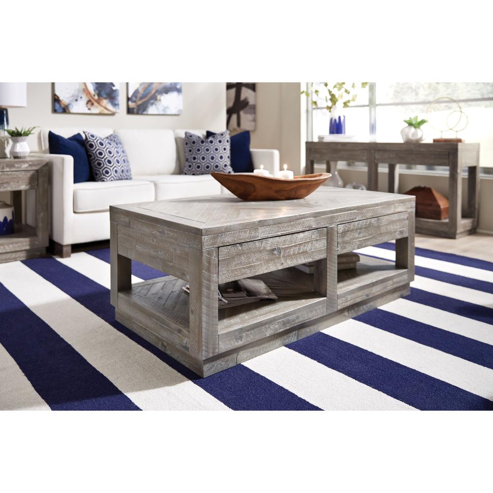 Herringbone Solid Wood Two Drawer Coffee Table in Rustic Latte. Picture 1