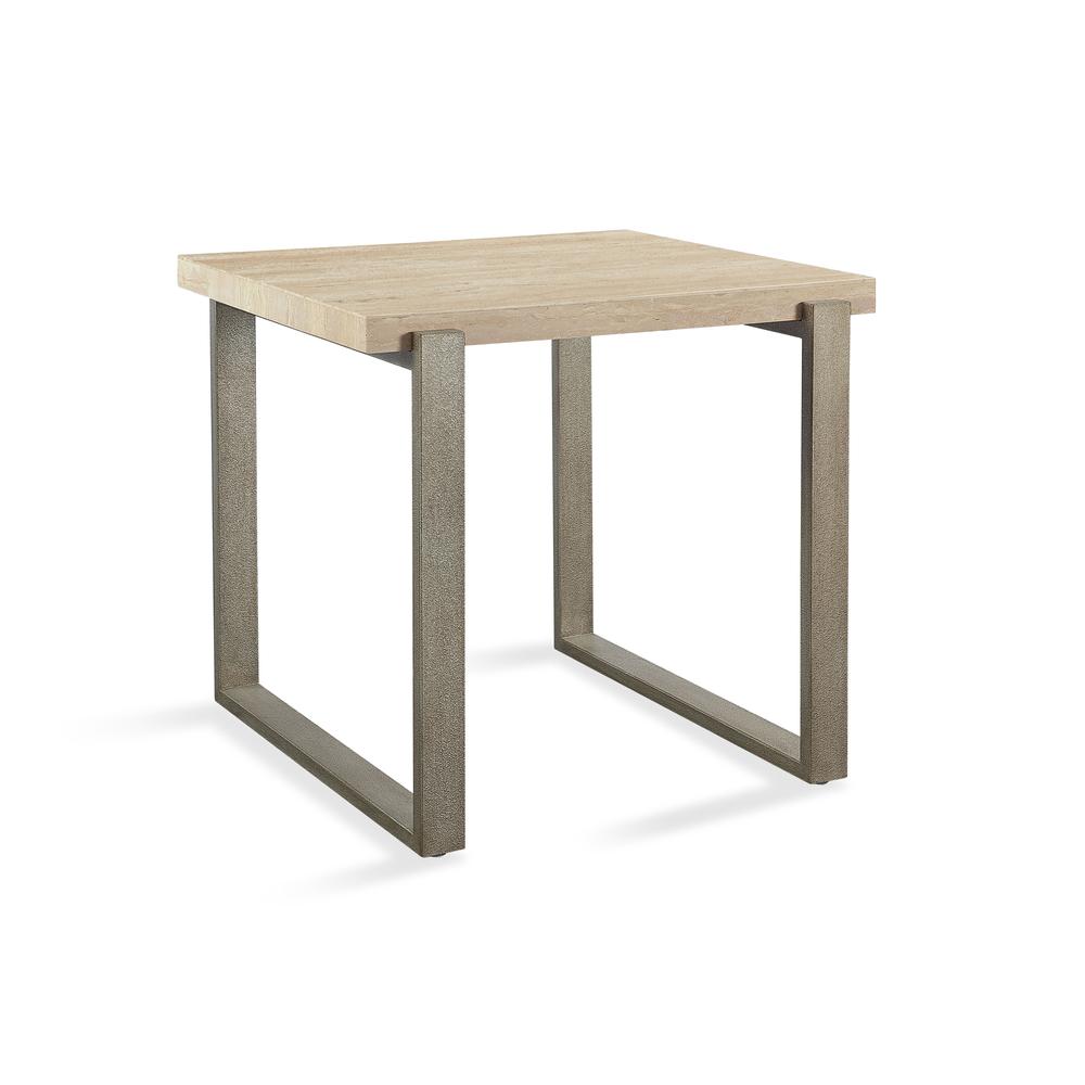 Ariela Natural Travertine End Table with Bronze Metal Base. Picture 1