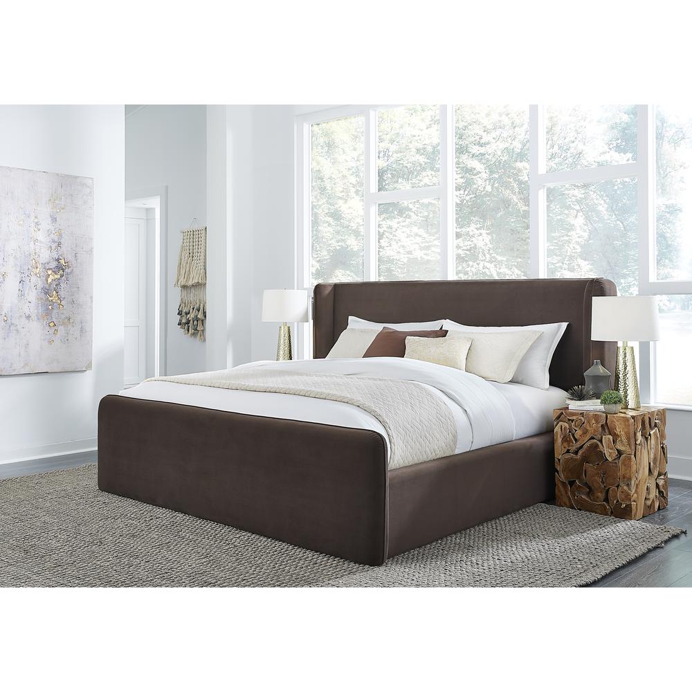 Bacall Velvet Upholstered Wingback Platform Bed in Cola. Picture 7