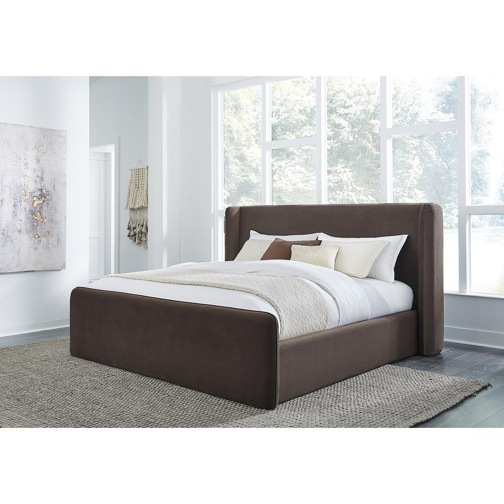 Bacall Velvet Upholstered Wingback Platform Bed in Cola. Picture 6