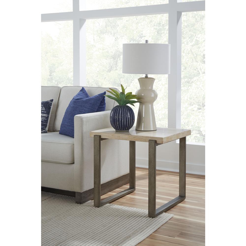 Ariela Natural Travertine End Table with Bronze Metal Base. Picture 2