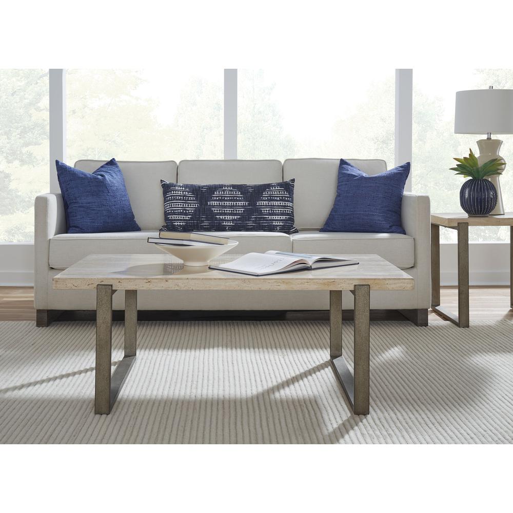 Ariela Natural Travertine Coffee Table with Bronze Metal Base. Picture 1