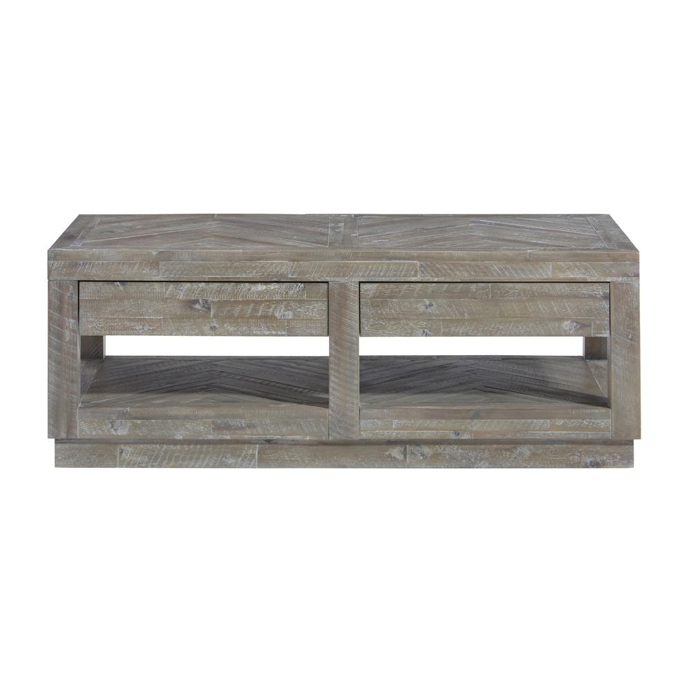 Herringbone Solid Wood Two Drawer Coffee Table in Rustic Latte. Picture 4