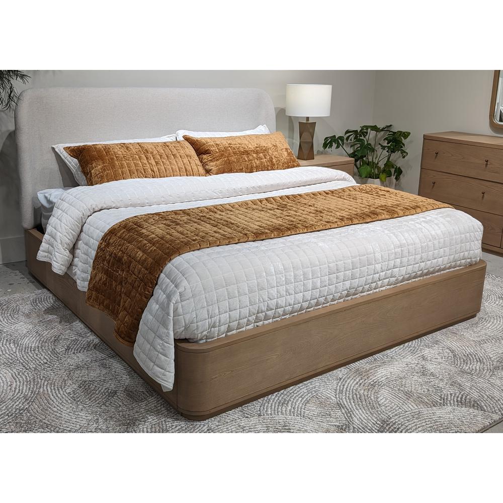 Penny Linen Upholstered Platform Bed in Buff Cream Oak. Picture 1