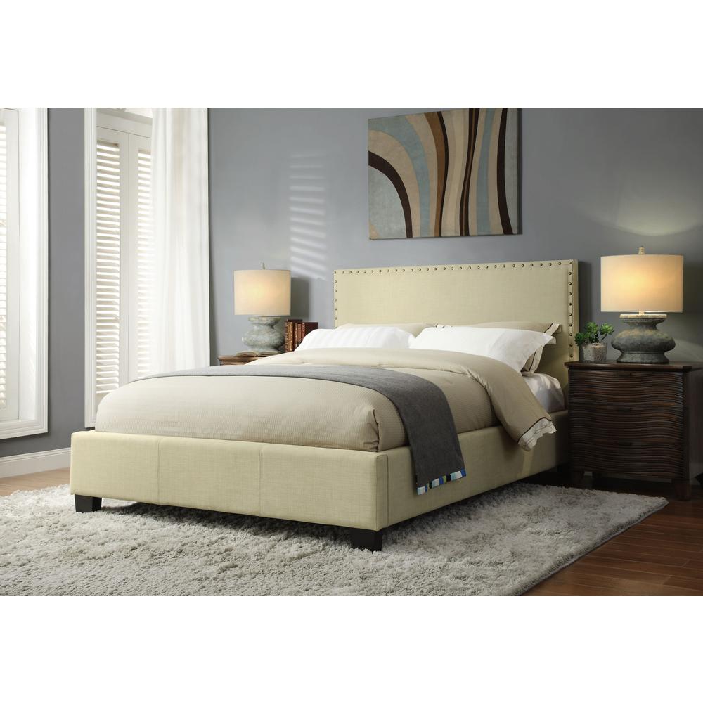 Tavel Nailhead Upholstered Platform Bed in Tumbleweed. Picture 1
