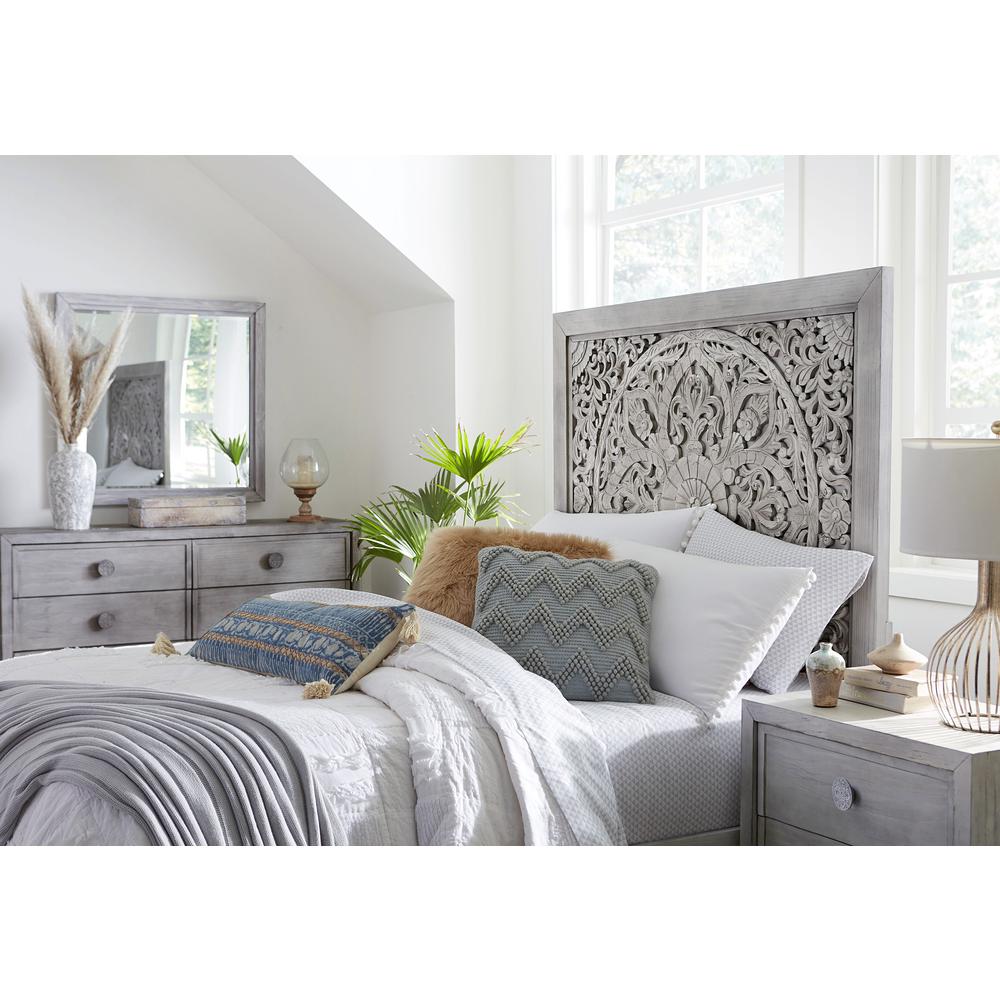 Boho Chic Carved Platform Bed in Washed White. Picture 3