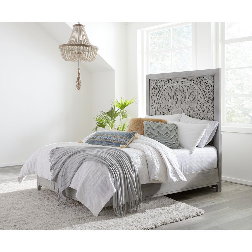 Boho Chic Carved Platform Bed in Washed White. Picture 1