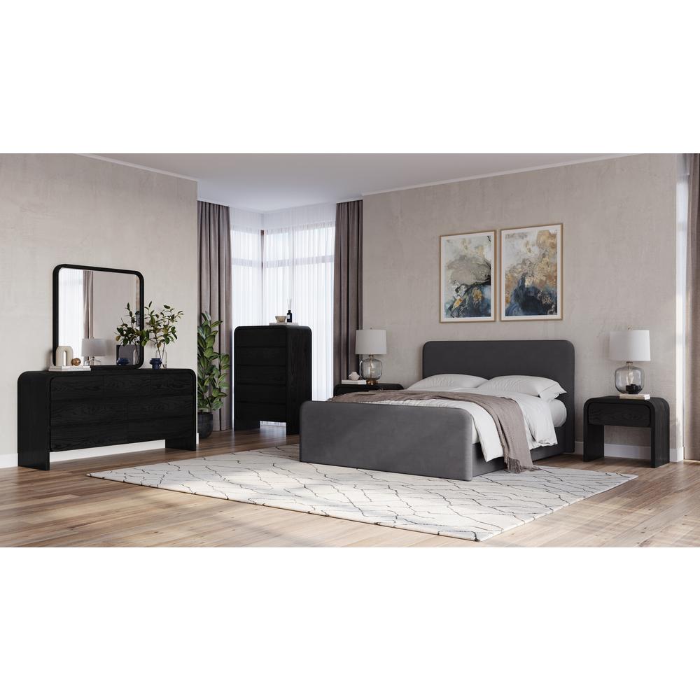 Elora Fully Upholstered Platform Bed in Charcoal Velvet. Picture 7