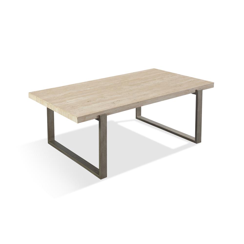 Ariela Natural Travertine Coffee Table with Bronze Metal Base. Picture 5