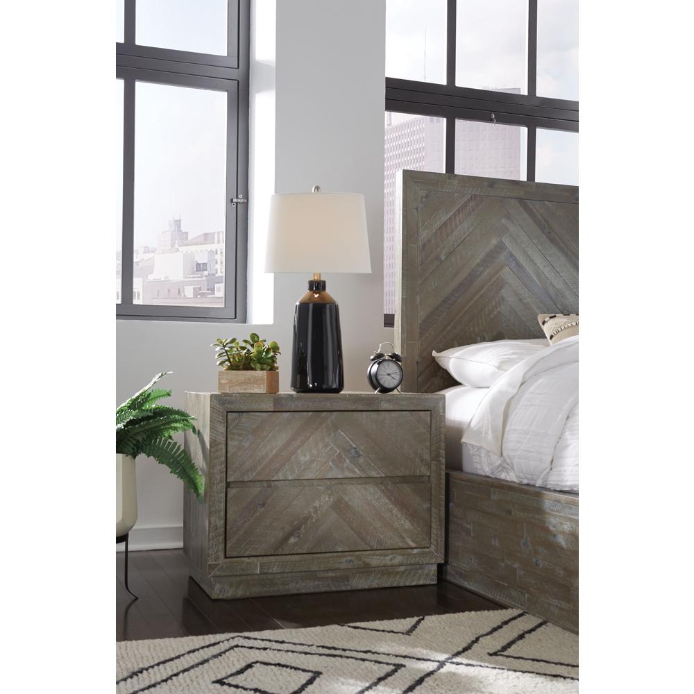 Herringbone Solid Wood Two Drawer Nightstand in Rustic Latte. Picture 1