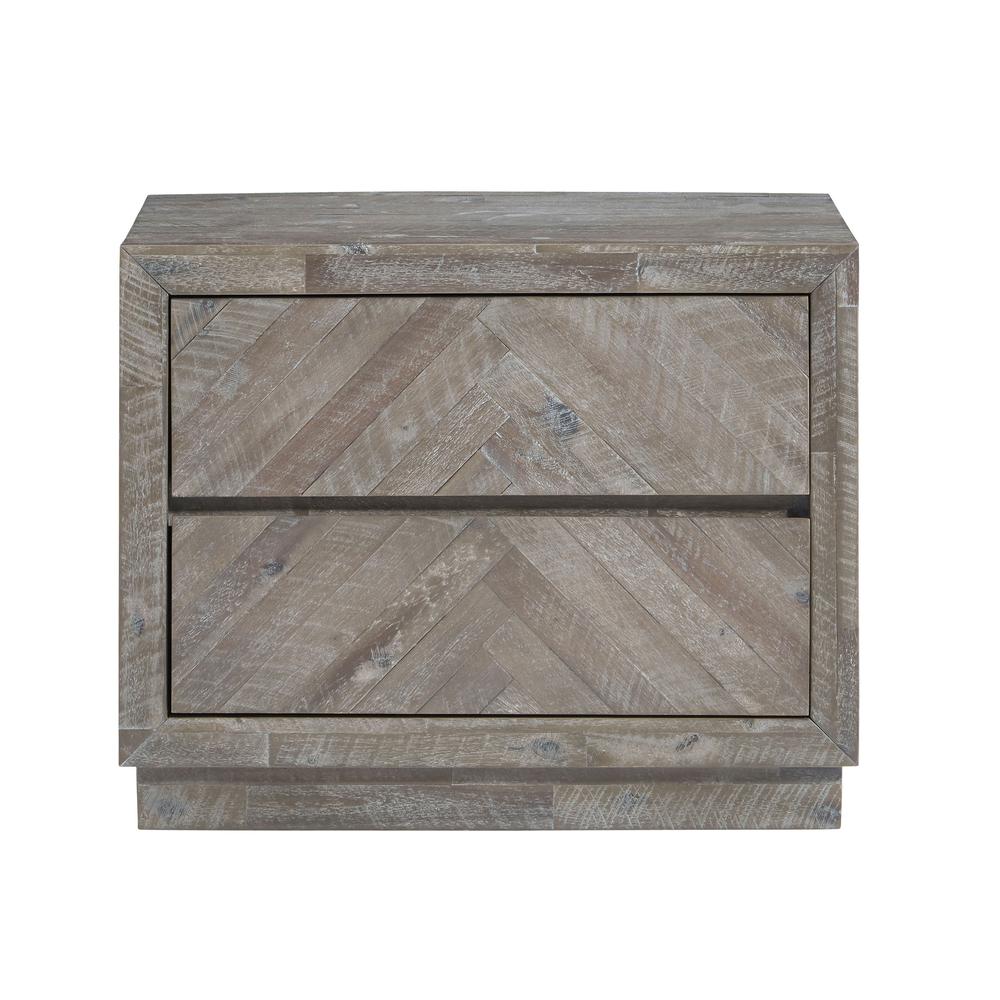Herringbone Solid Wood Two Drawer Nightstand in Rustic Latte. Picture 4