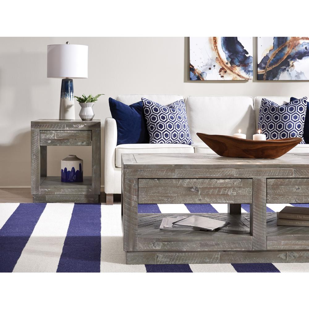 Herringbone Solid Wood Two Drawer Coffee Table in Rustic Latte. Picture 2