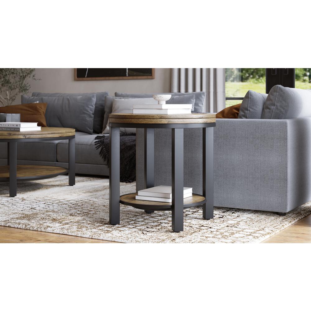 Canyon Solid Wood and Metal Round End Table in Washed Grey. Picture 5
