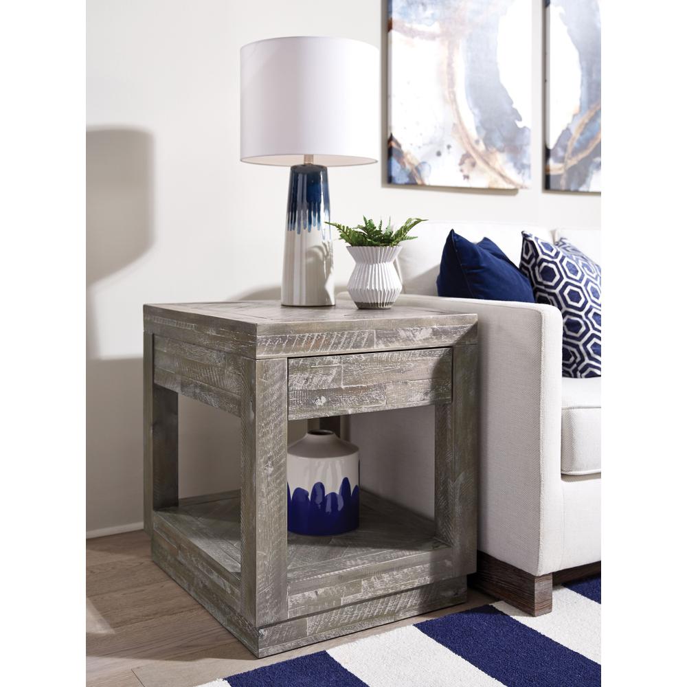 Herringbone Solid Wood One Drawer End Table in Rustic Latte. Picture 1