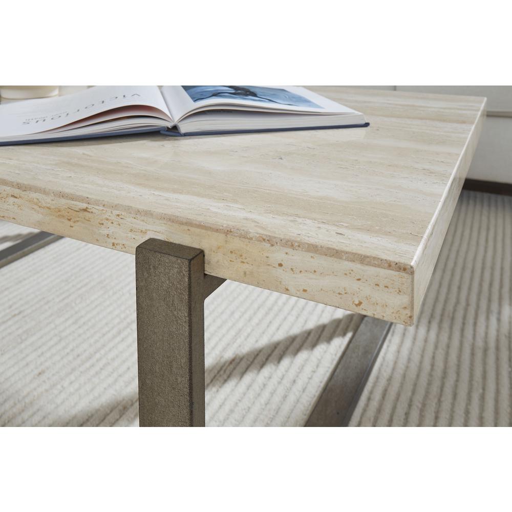 Ariela Natural Travertine Coffee Table with Bronze Metal Base. Picture 4