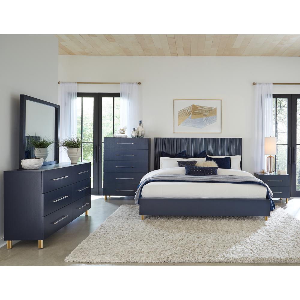 Argento Two Drawer USB Charging Nightstand in Navy Blue and Burnished Brass. Picture 5