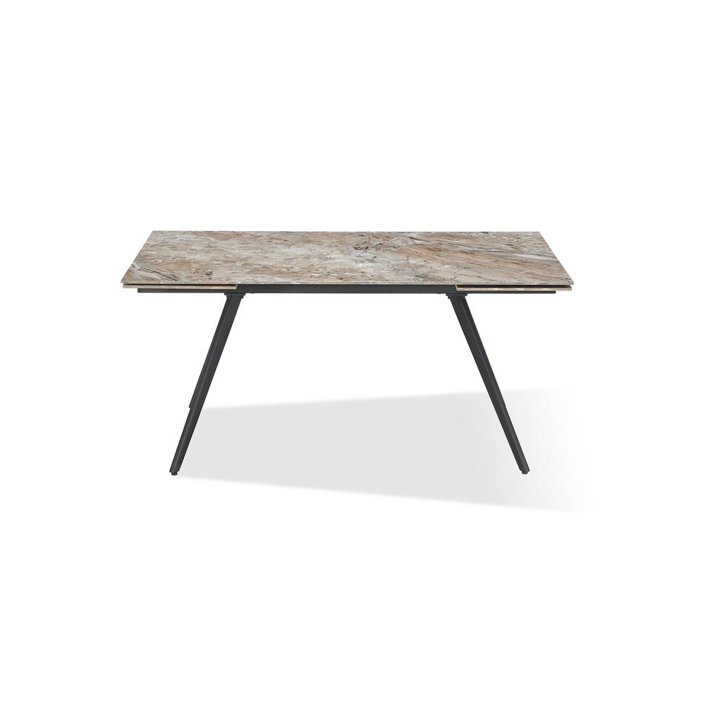 Lucia Double Extension Stone Top Metal Leg Dining Table in Rich Brown and Black. Picture 1