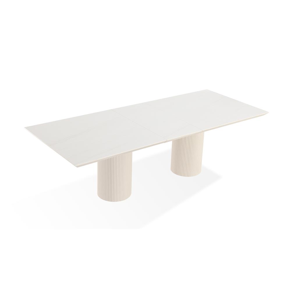 Cannon Stone Top Double Pedestal Extension Dining Table with Ivory Wood Base. Picture 5