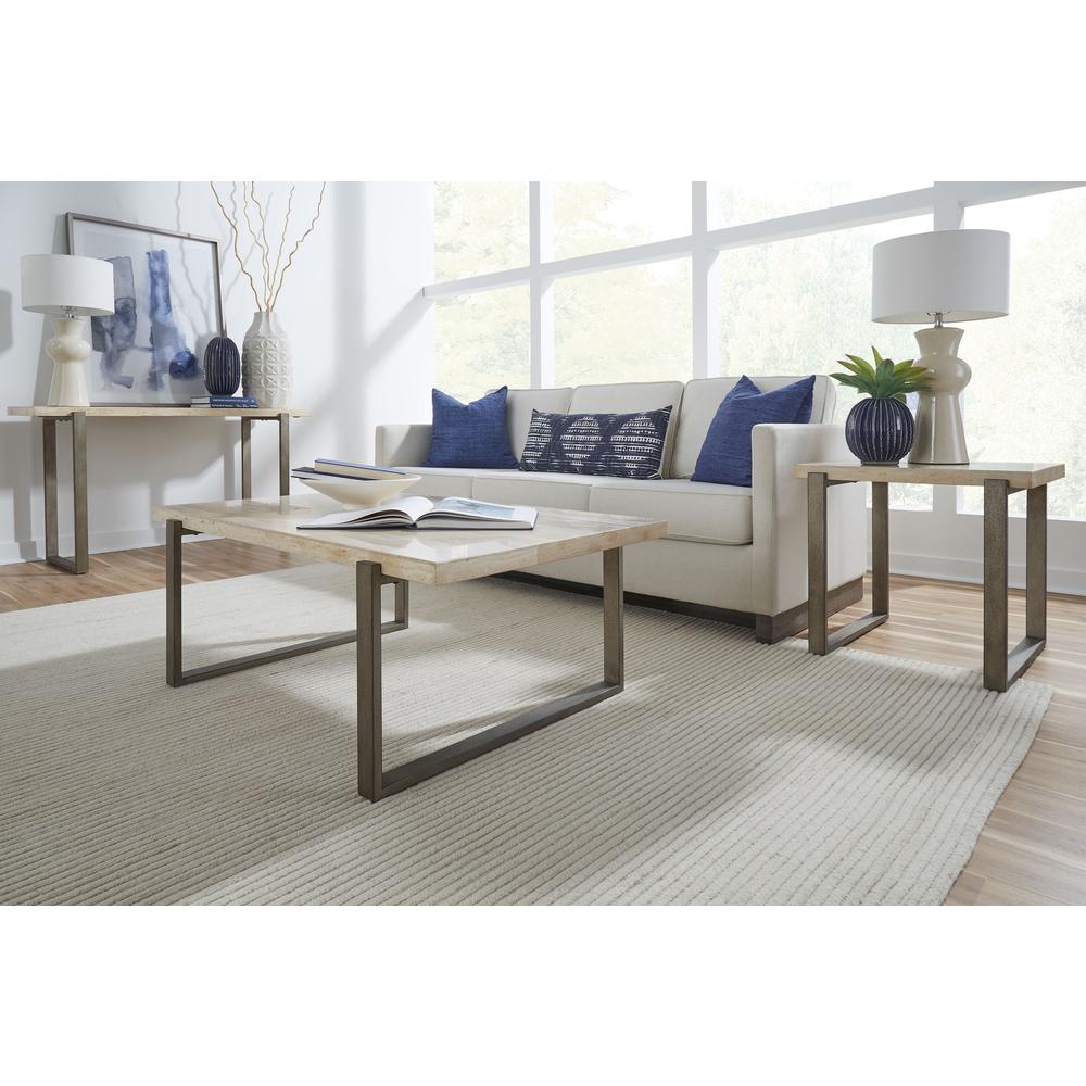 Ariela Natural Travertine Coffee Table with Bronze Metal Base. Picture 2
