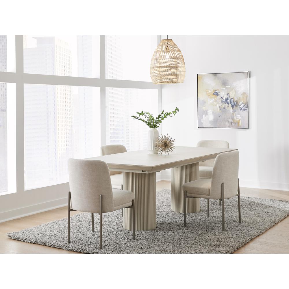 Cannon Stone Top Double Pedestal Extension Dining Table with Ivory Wood Base. Picture 3
