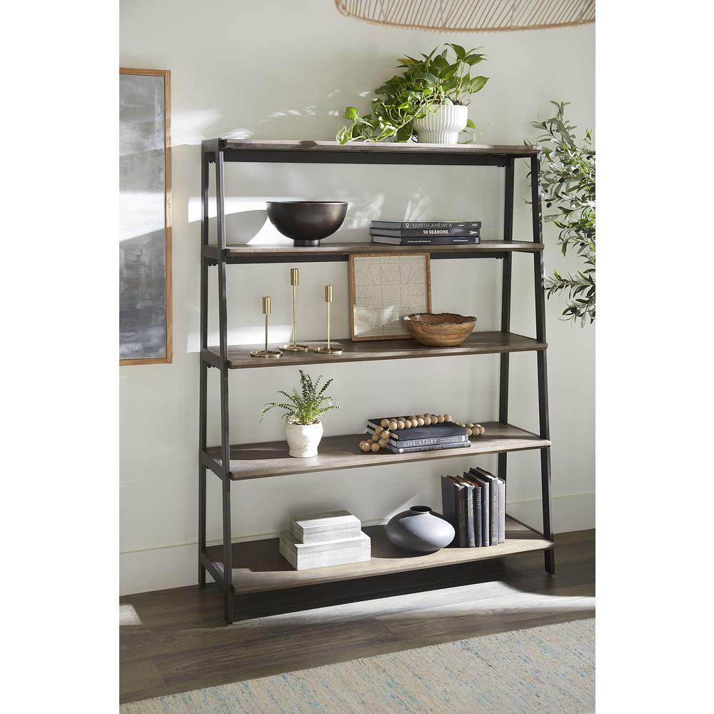 Finch Wood and Metal Etagere Bookcase in Buckwheat and Antique Bronze. Picture 6