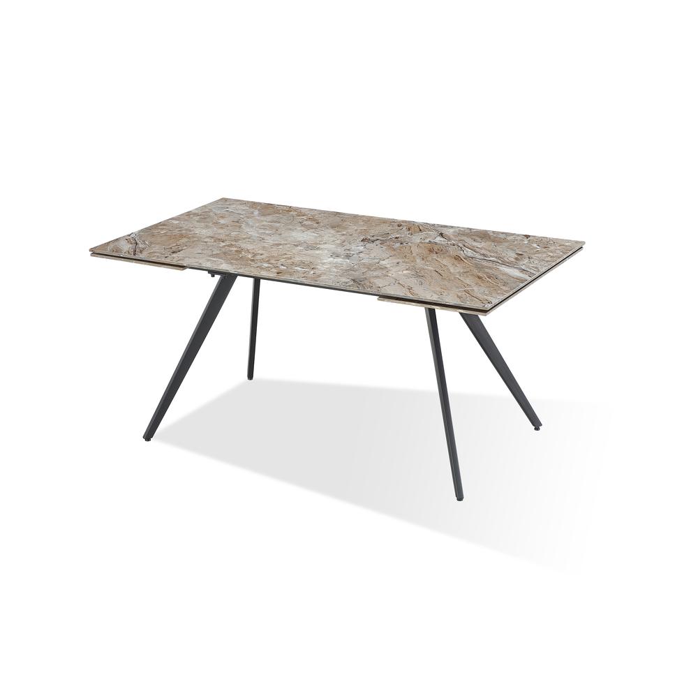 Lucia Double Extension Stone Top Metal Leg Dining Table in Rich Brown and Black. Picture 2