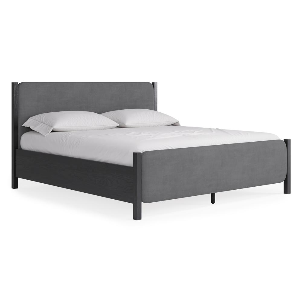 Elora Wood and Velvet Upholstered Bed in Jet and Charcoal. Picture 1