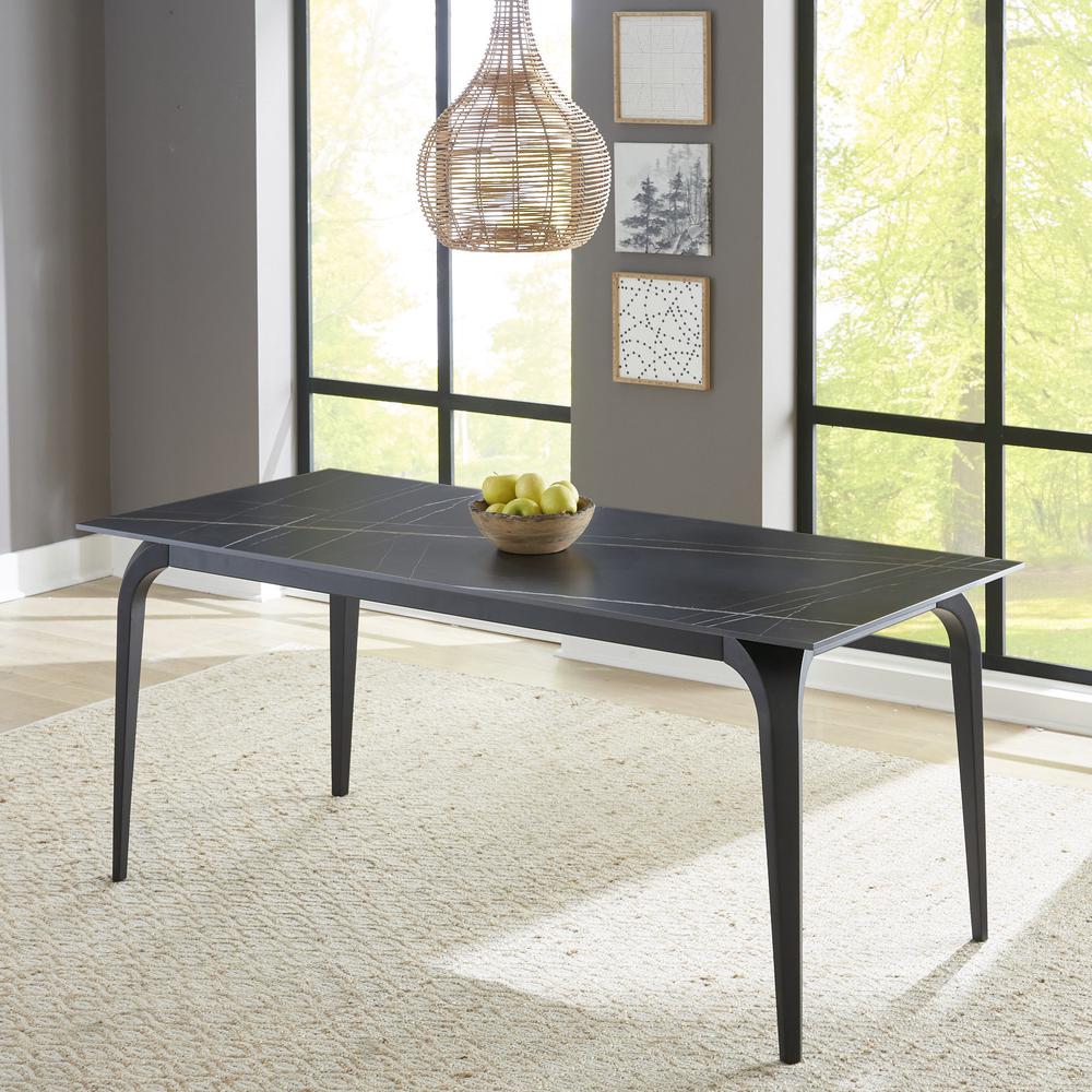 Nicoya Stone Top Rectangular Dining Table in Black Stone and Black Metal. Picture 6